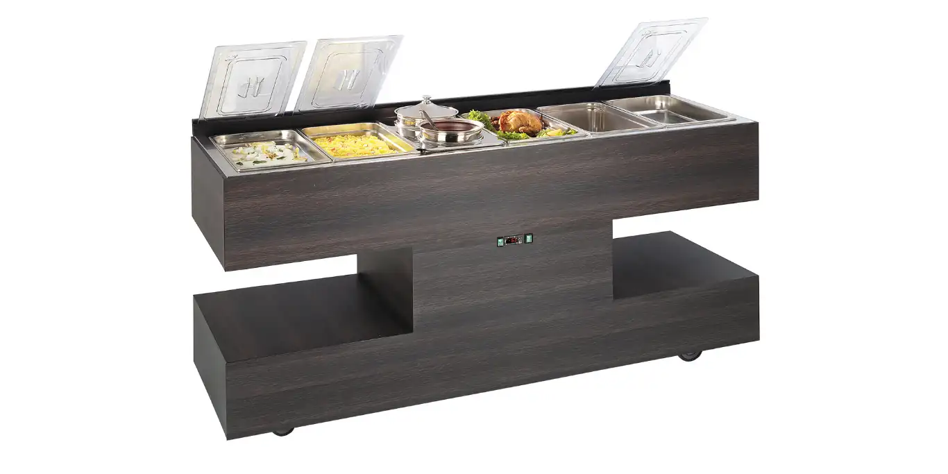 Close-up of a professional work surface with refrigerated tank and heating plate by Deagostini Inox