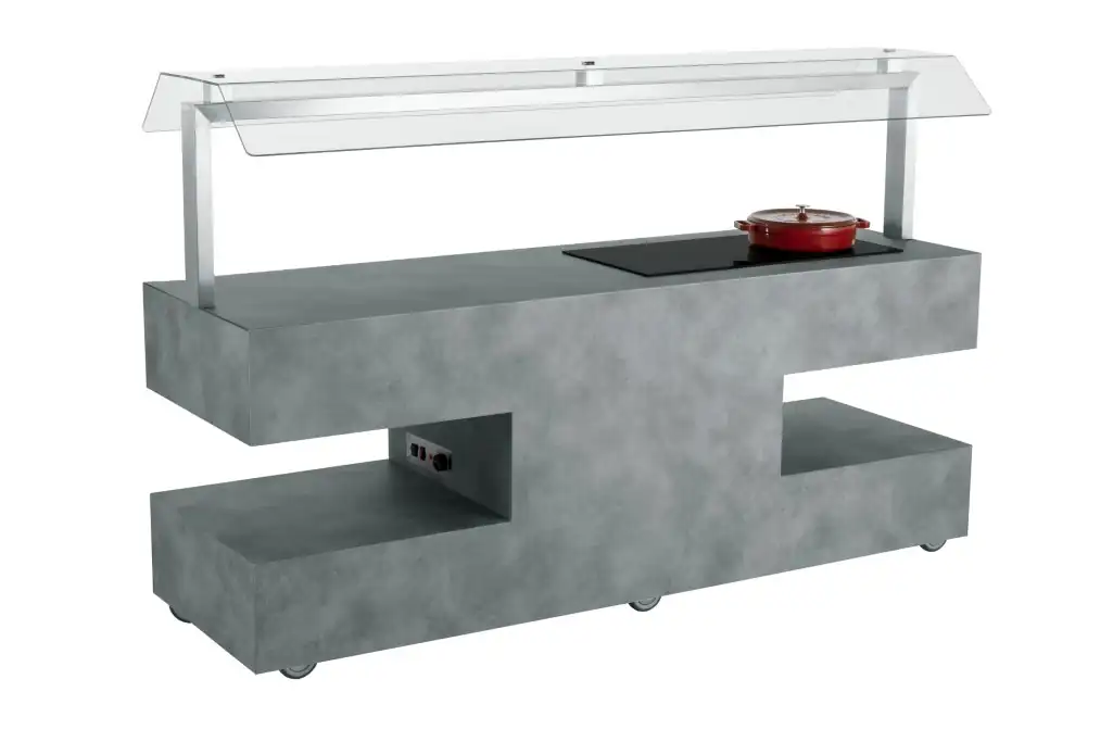 Dettaglio di piano lavoro professionale con vasca refrigerata e piano di mantenimento Deagostini Inox