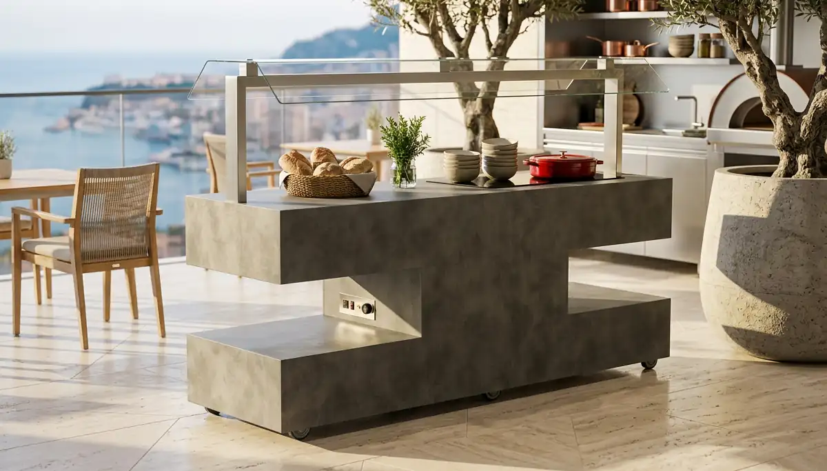 Banco buffet professionale Deagostini Inox in acciaio, legno e vetroceramica con unità di mantenimento del calore a induzione e protezione in policarbonato.