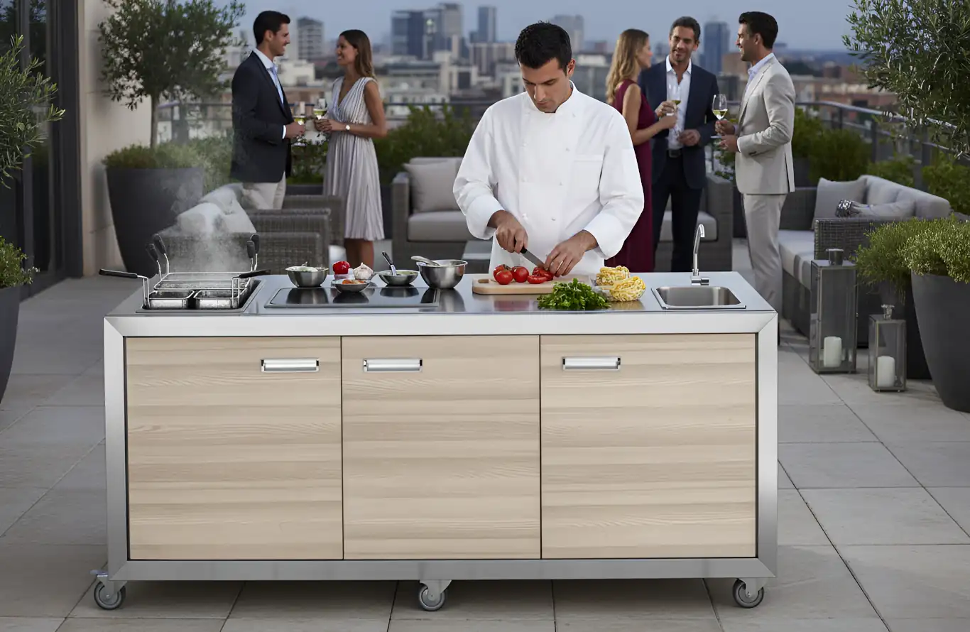 Cucina professionale Deagostini Inox su misura con cuocipasta, piano cottura a induzione in vetroceramica e lavamani integrato.