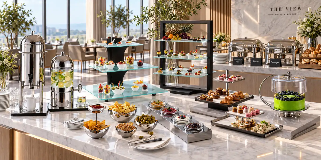 Espositori professionali per buffet a diversi livelli in acciaio inox, vetro e legno con ciotole per salse e snack