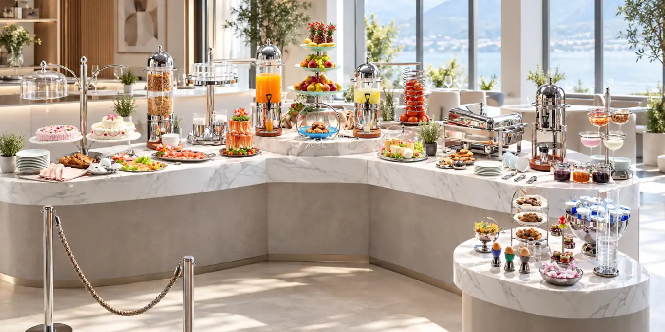 Espositori professionali per buffet in un hotel, con diverse soluzioni per presentare e servire gli alimenti.